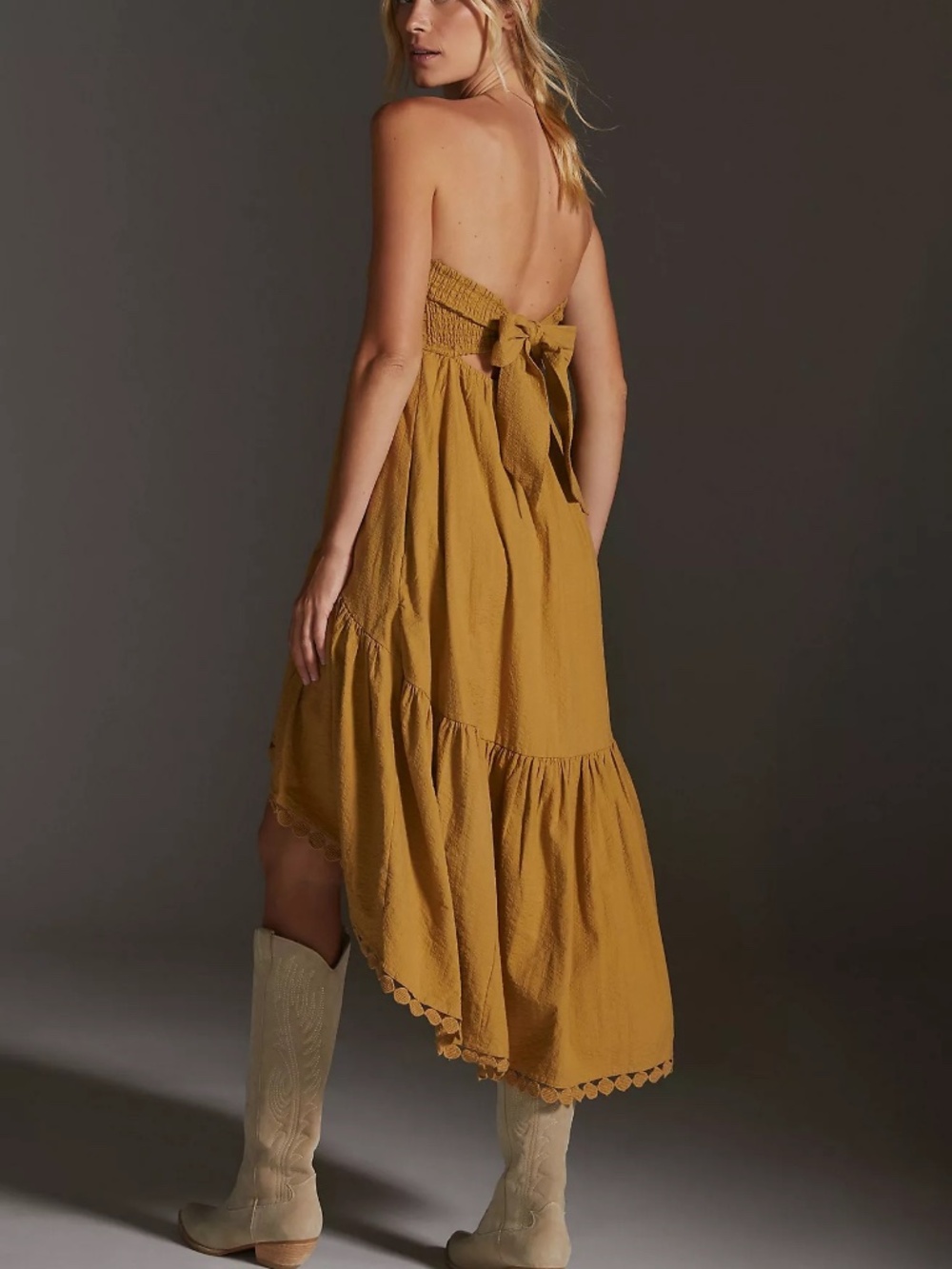 Anthropologie Maeve High-Low Tiered Strapless Midi Ochre Yellow Dress Sz Small